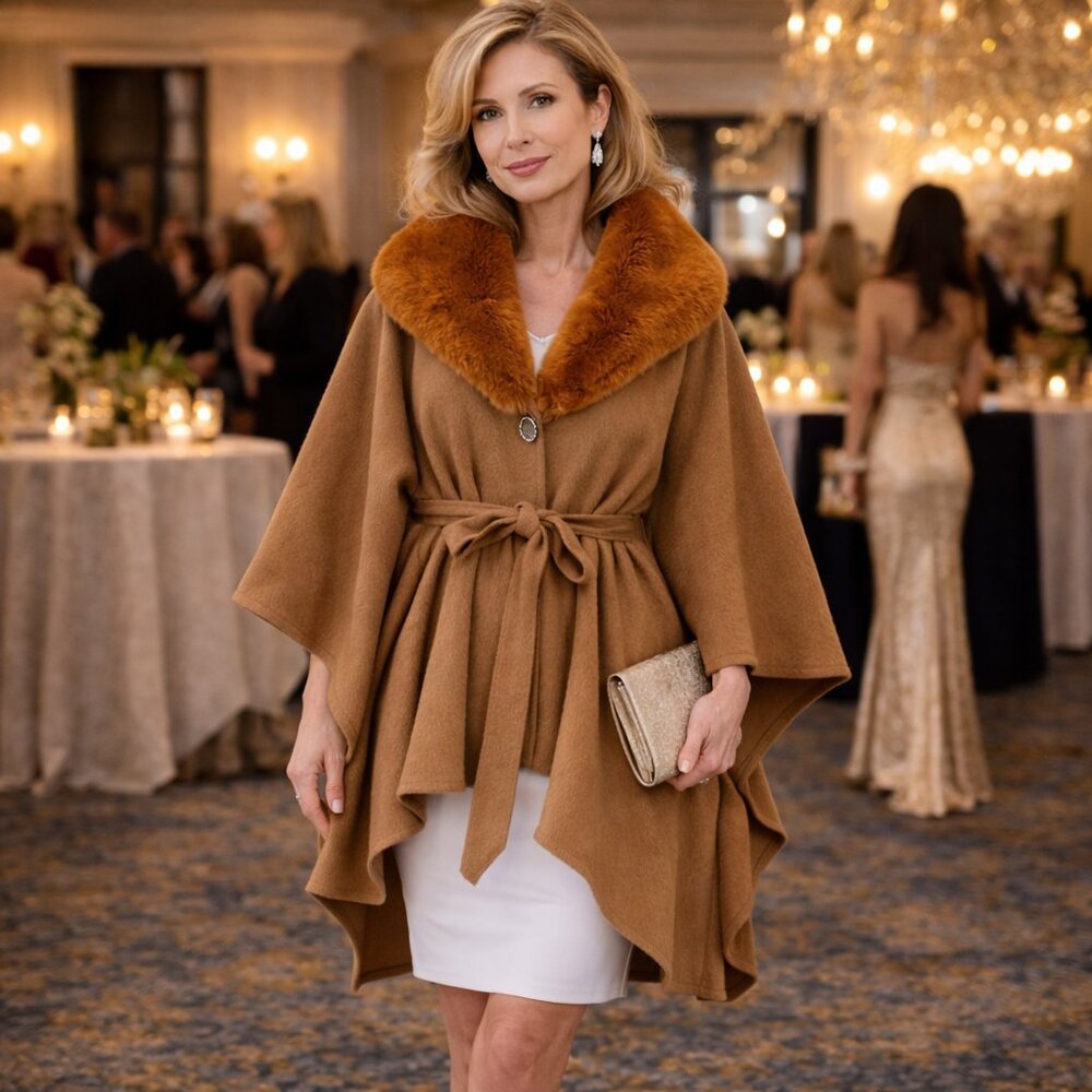 Belted Poncho with Fur Collar Camel Brown Faux Fur Shawl Coat